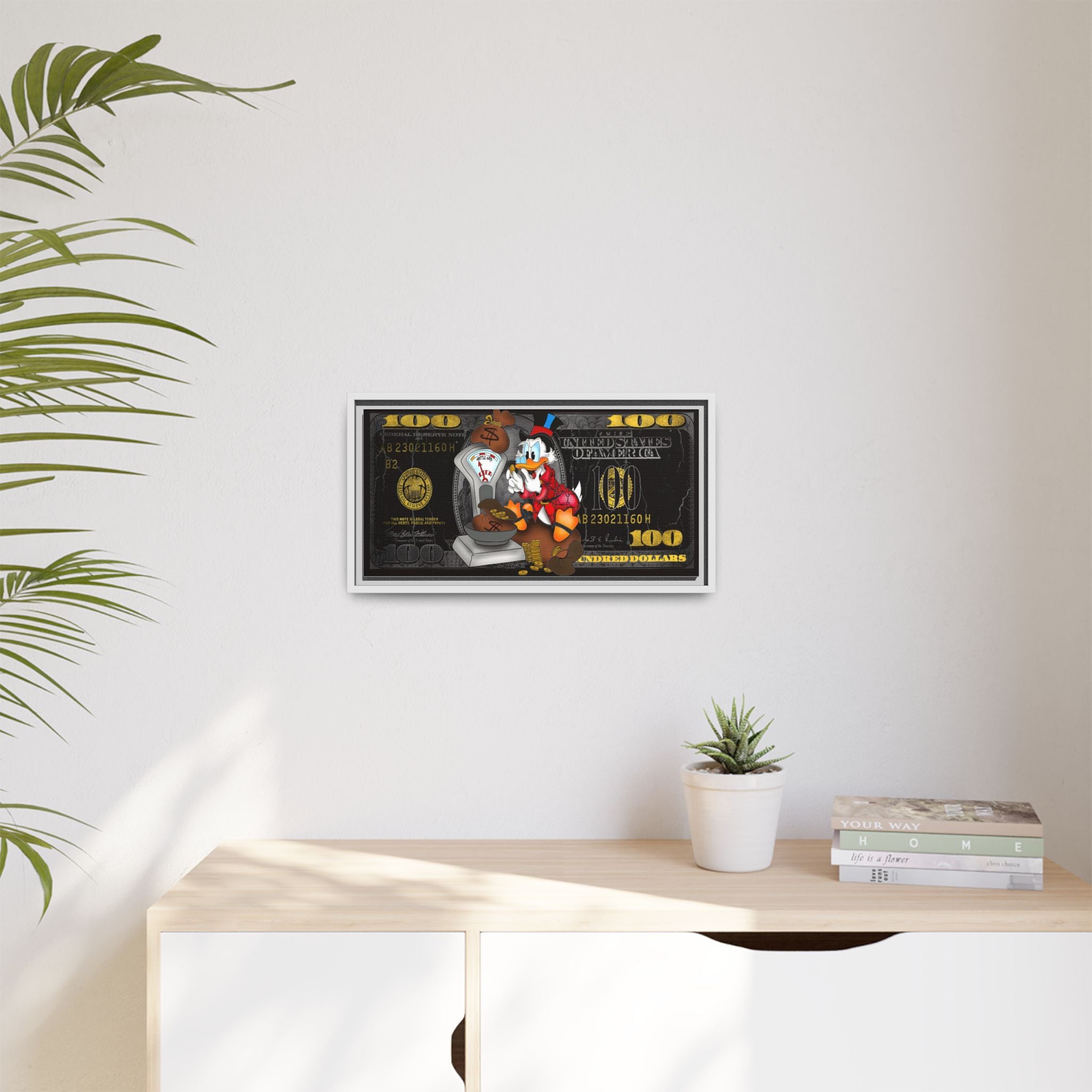 McDuck's Monetary Manifesto: Cartoon Currency Collage, Wealth Visualization Artwork - Canvas Wall Art