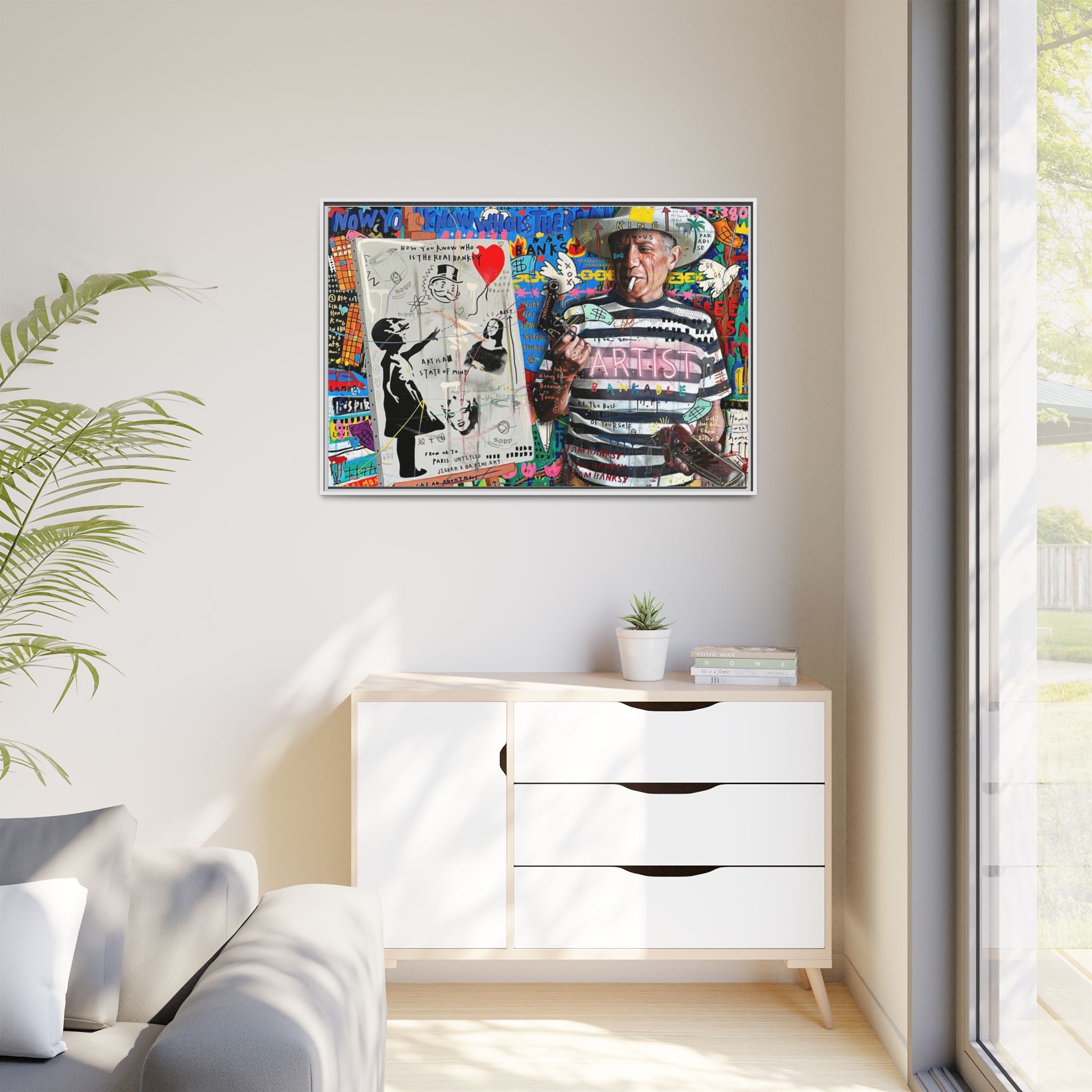Bankable Rebellion: Street Art Collage, Banksy-Inspired Social Commentary, Urban Creative Expression - Canvas Wall Art