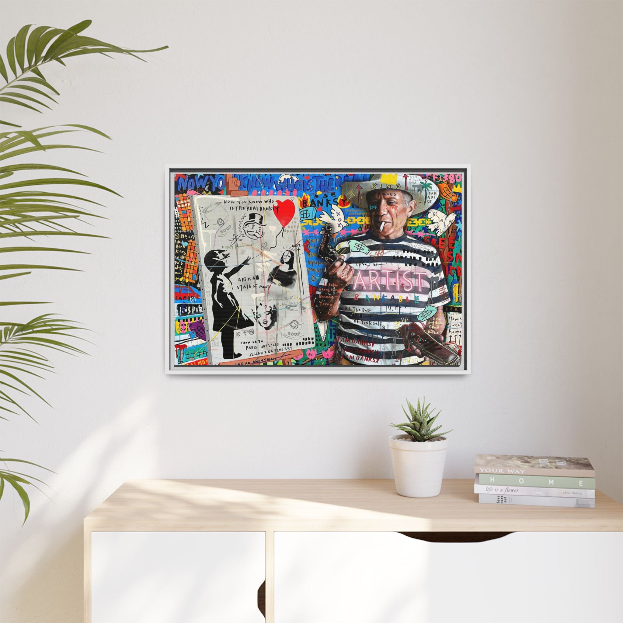 Bankable Rebellion: Street Art Collage, Banksy-Inspired Social Commentary, Urban Creative Expression - Canvas Wall Art