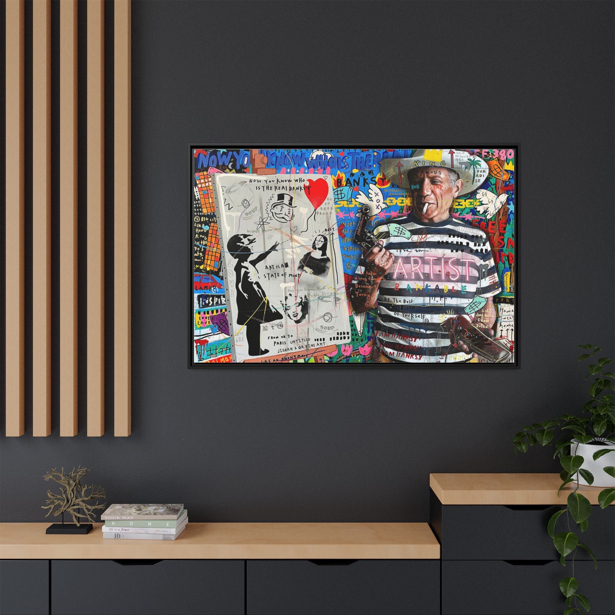 Bankable Rebellion: Street Art Collage, Banksy-Inspired Social Commentary, Urban Creative Expression - Canvas Wall Art