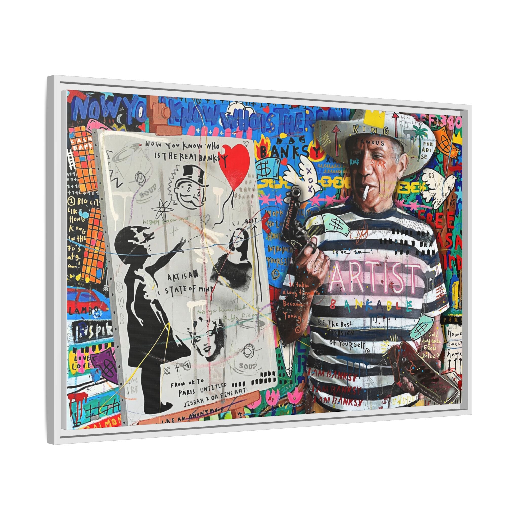 Bankable Rebellion: Street Art Collage, Banksy-Inspired Social Commentary, Urban Creative Expression - Canvas Wall Art