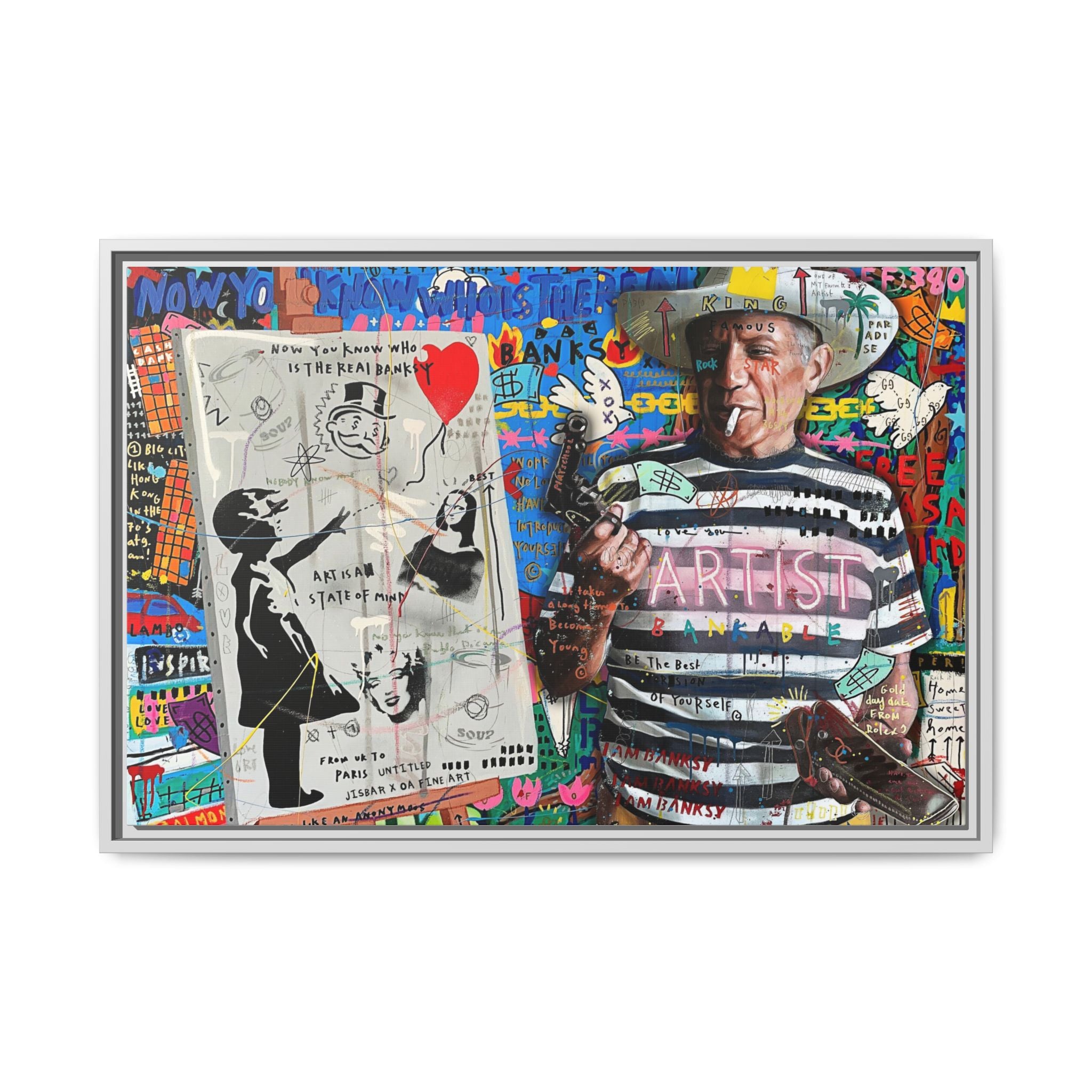 Bankable Rebellion: Street Art Collage, Banksy-Inspired Social Commentary, Urban Creative Expression - Canvas Wall Art