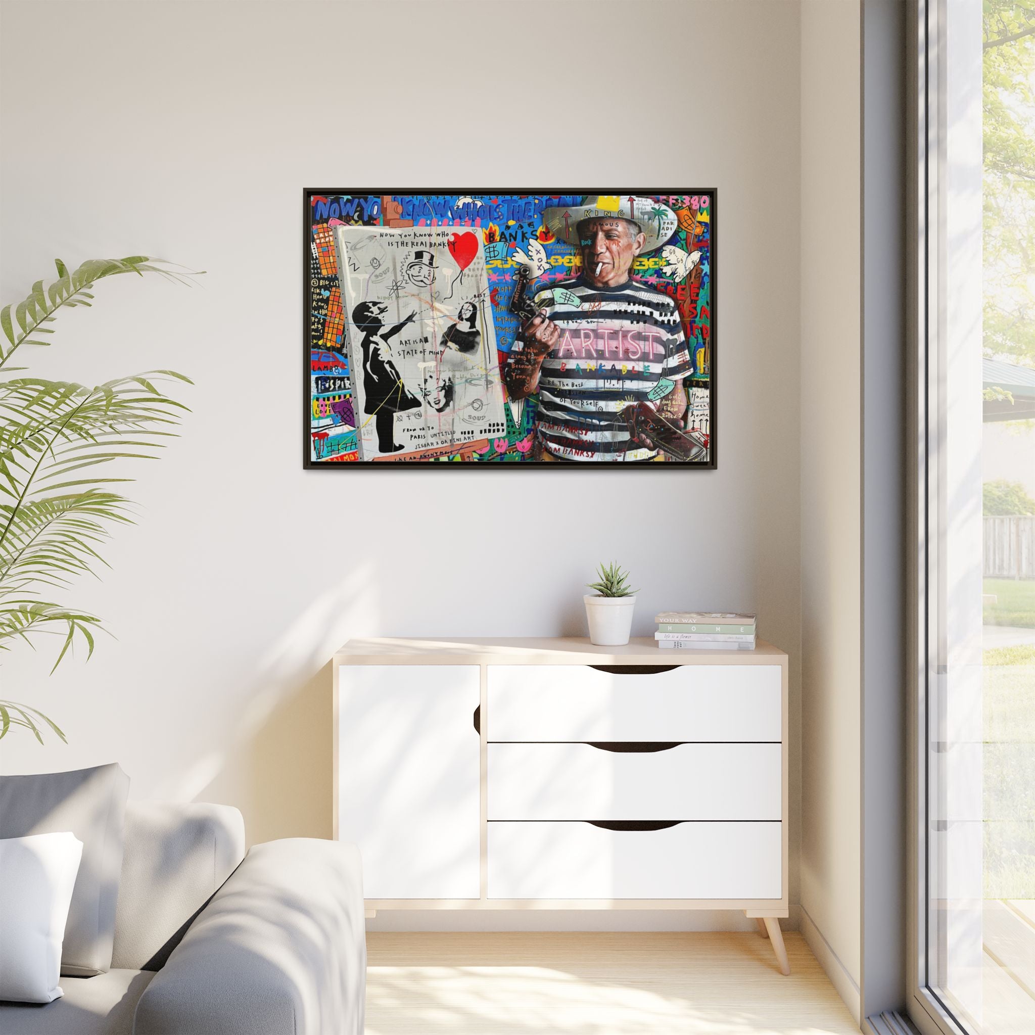 Bankable Rebellion: Street Art Collage, Banksy-Inspired Social Commentary, Urban Creative Expression - Canvas Wall Art