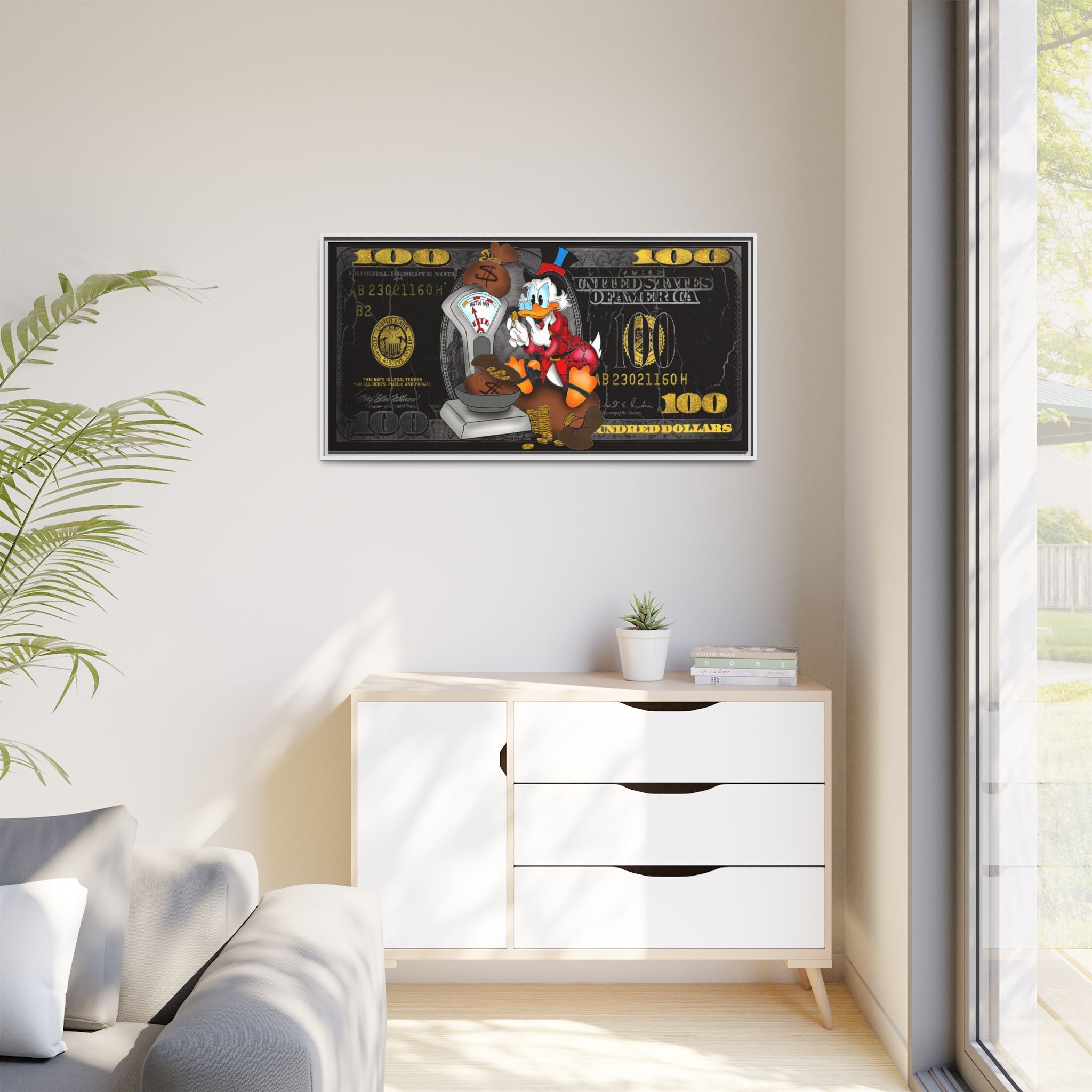 McDuck's Monetary Manifesto: Cartoon Currency Collage, Wealth Visualization Artwork - Canvas Wall Art