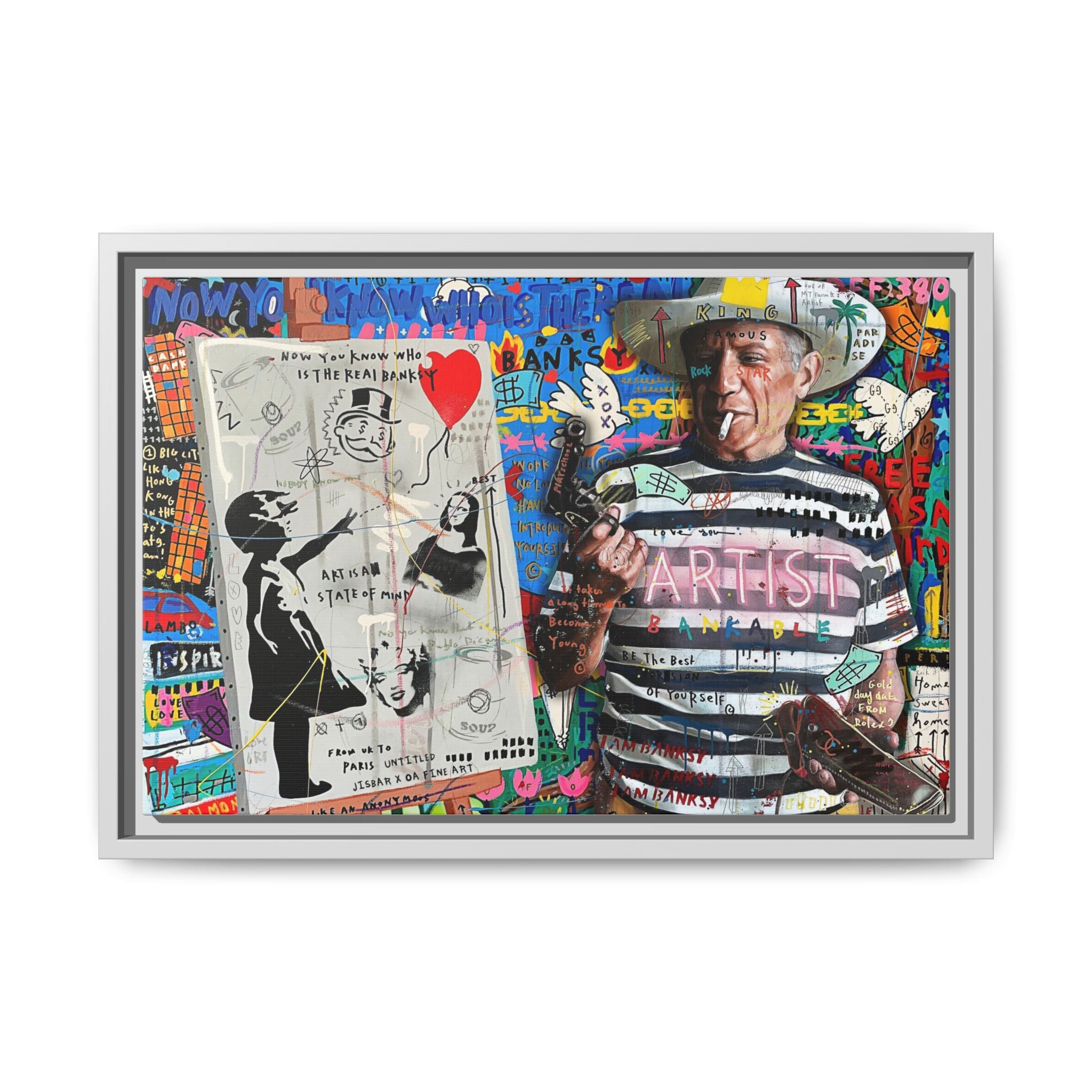 Bankable Rebellion: Street Art Collage, Banksy-Inspired Social Commentary, Urban Creative Expression - Canvas Wall Art