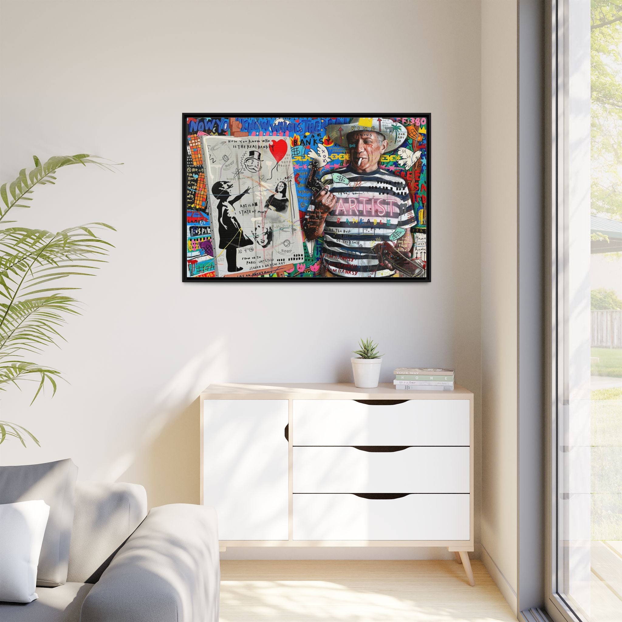Bankable Rebellion: Street Art Collage, Banksy-Inspired Social Commentary, Urban Creative Expression - Canvas Wall Art