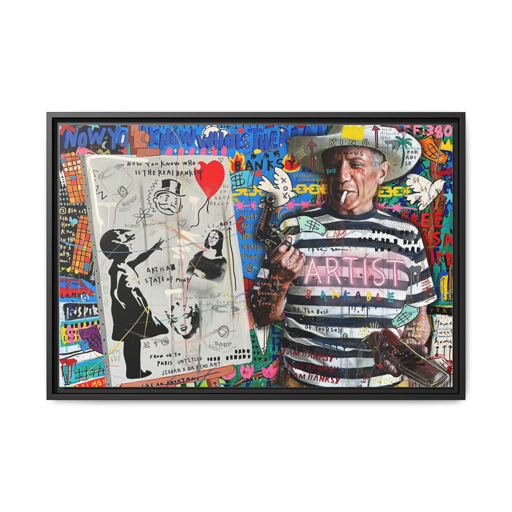 Bankable Rebellion: Street Art Collage, Banksy-Inspired Social Commentary, Urban Creative Expression - Canvas Wall Art
