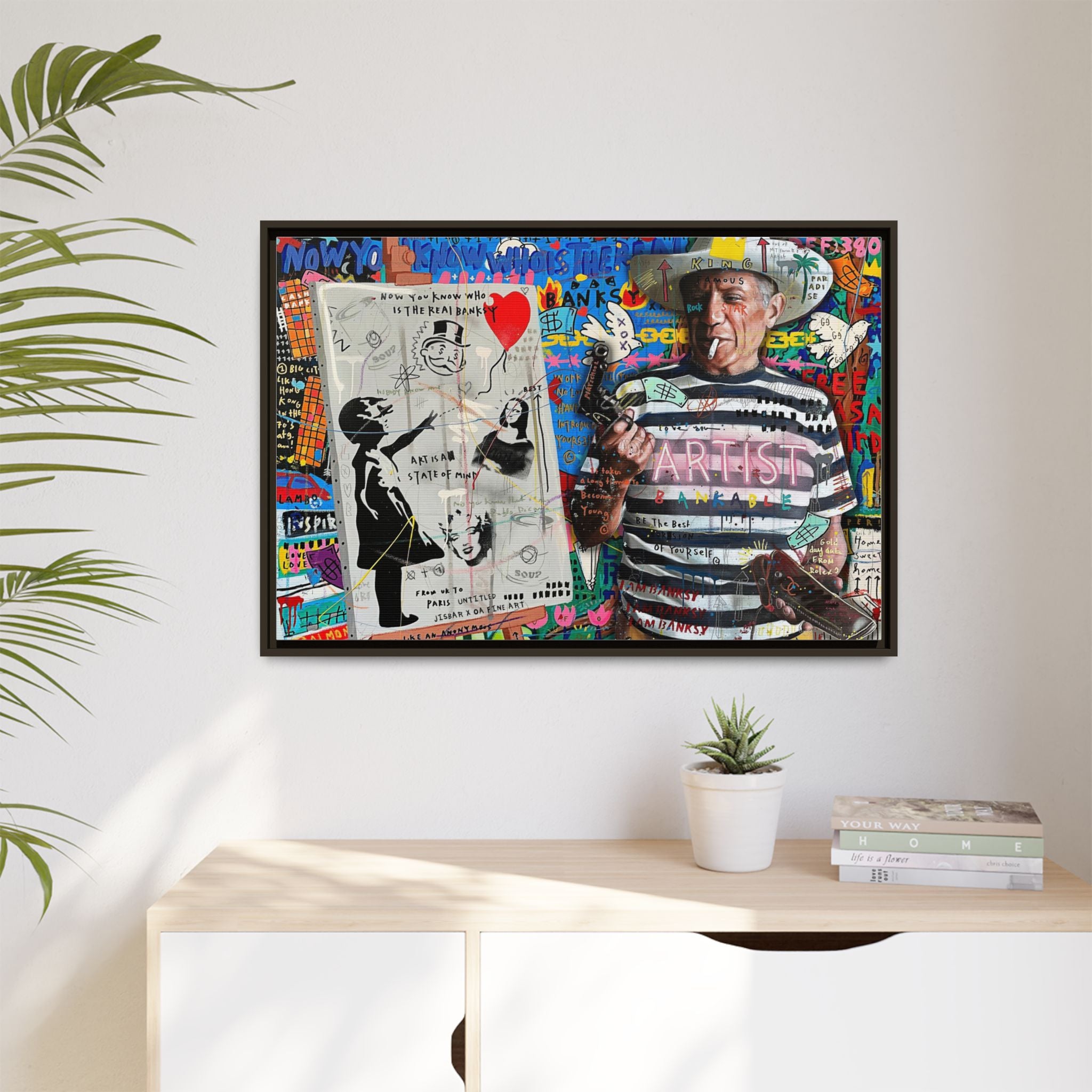 Bankable Rebellion: Street Art Collage, Banksy-Inspired Social Commentary, Urban Creative Expression - Canvas Wall Art