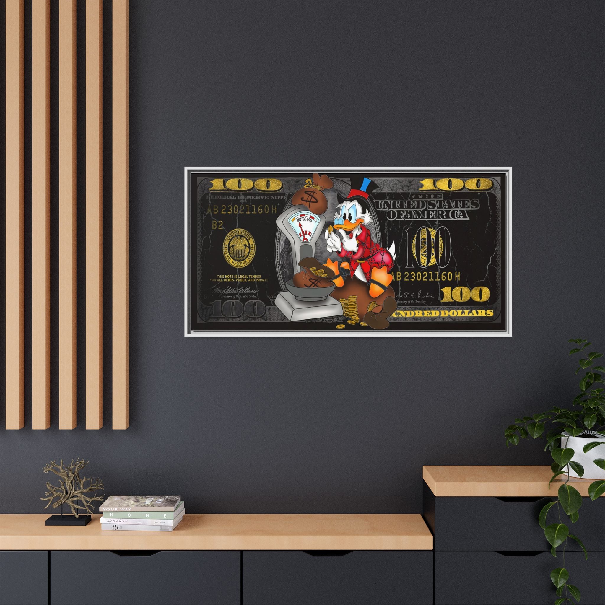 McDuck's Monetary Manifesto: Cartoon Currency Collage, Wealth Visualization Artwork - Canvas Wall Art
