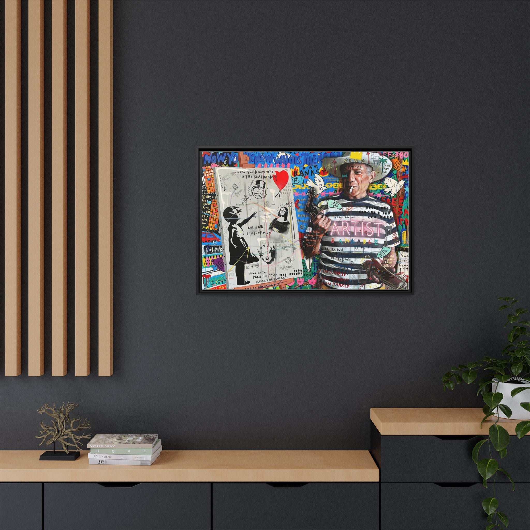Bankable Rebellion: Street Art Collage, Banksy-Inspired Social Commentary, Urban Creative Expression - Canvas Wall Art