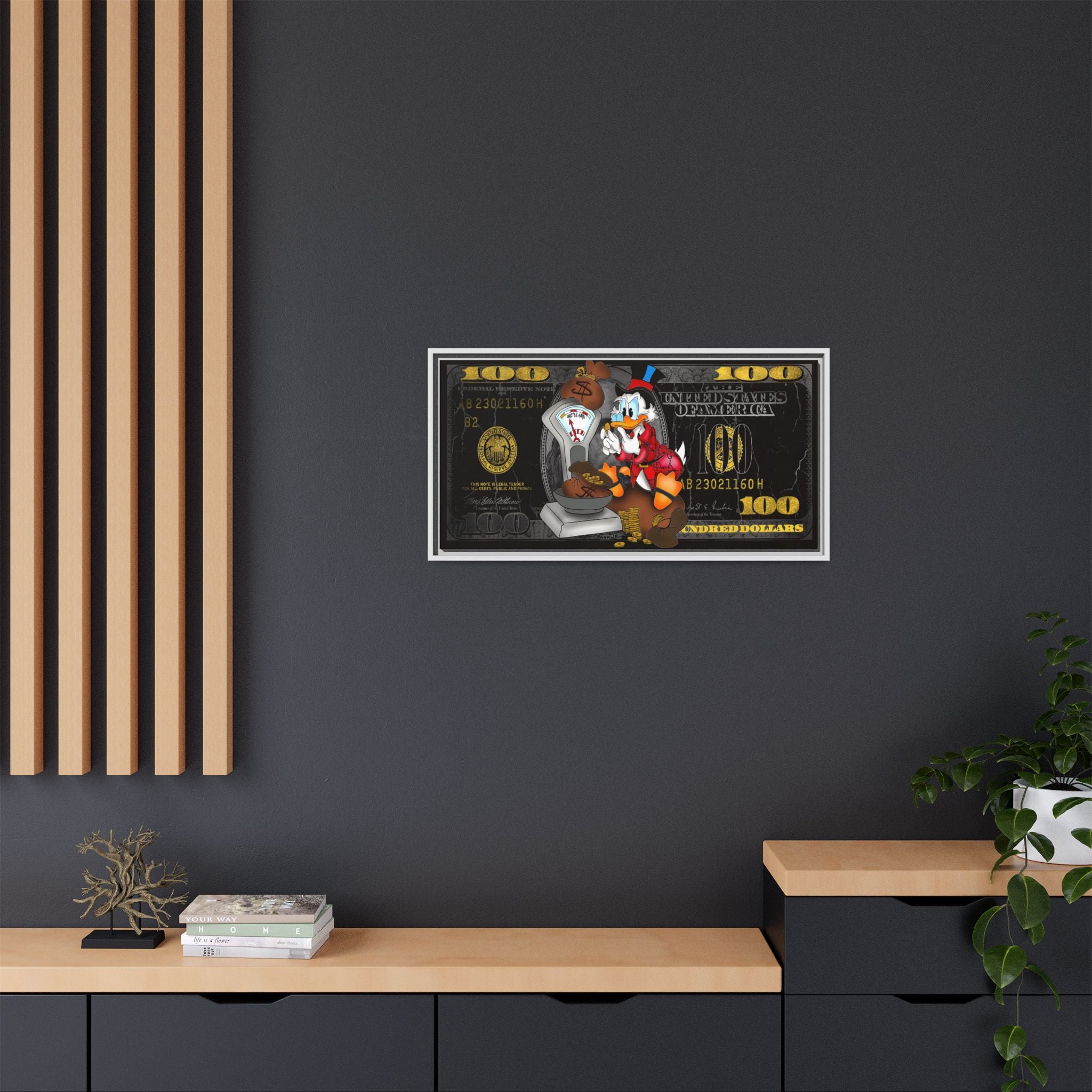 McDuck's Monetary Manifesto: Cartoon Currency Collage, Wealth Visualization Artwork - Canvas Wall Art