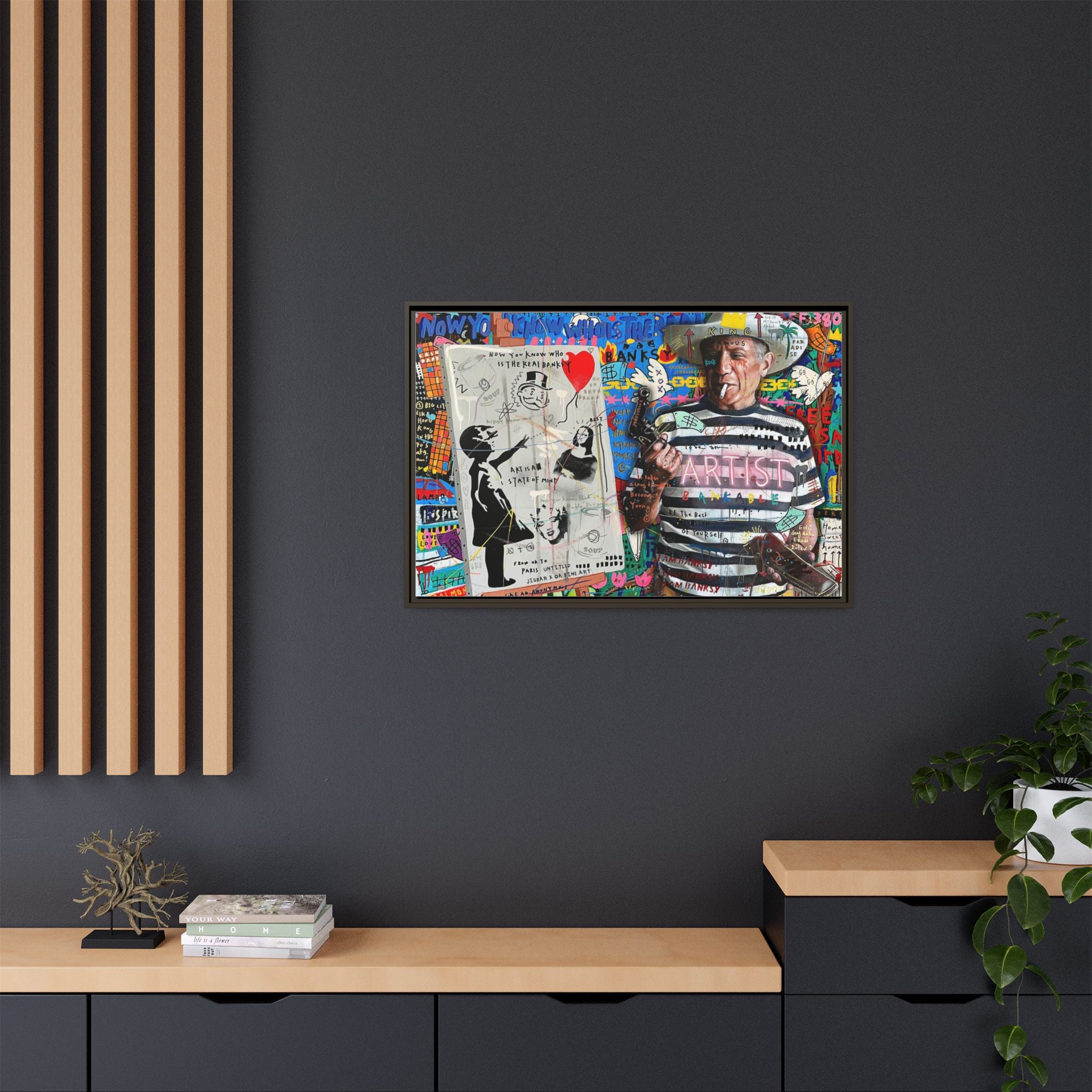 Bankable Rebellion: Street Art Collage, Banksy-Inspired Social Commentary, Urban Creative Expression - Canvas Wall Art