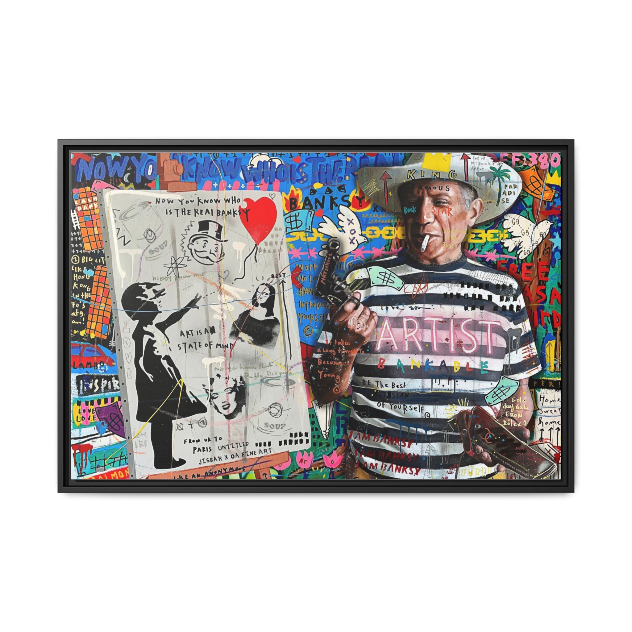 Bankable Rebellion: Street Art Collage, Banksy-Inspired Social Commentary, Urban Creative Expression - Canvas Wall Art