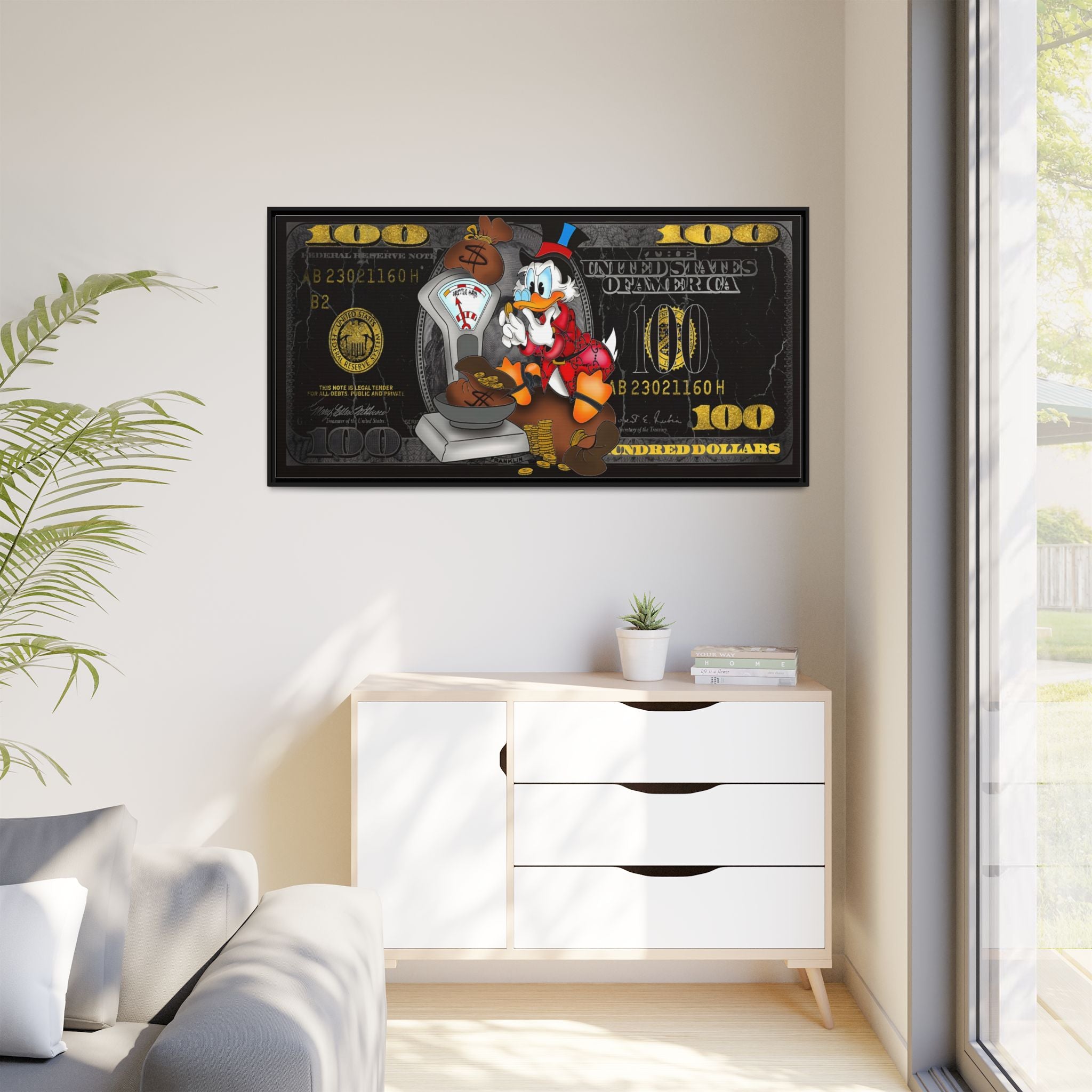 McDuck's Monetary Manifesto: Cartoon Currency Collage, Wealth Visualization Artwork - Canvas Wall Art