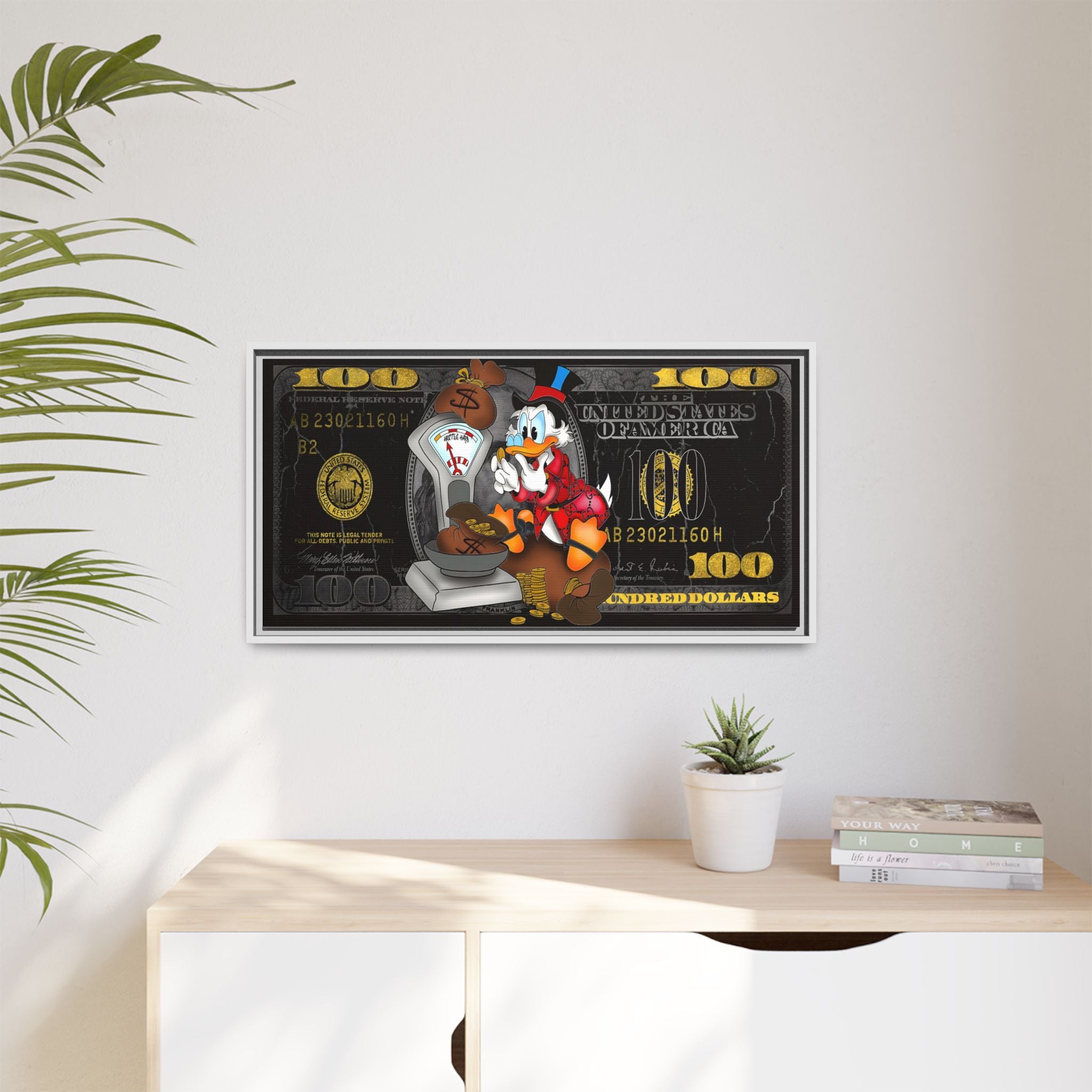 McDuck's Monetary Manifesto: Cartoon Currency Collage, Wealth Visualization Artwork - Canvas Wall Art