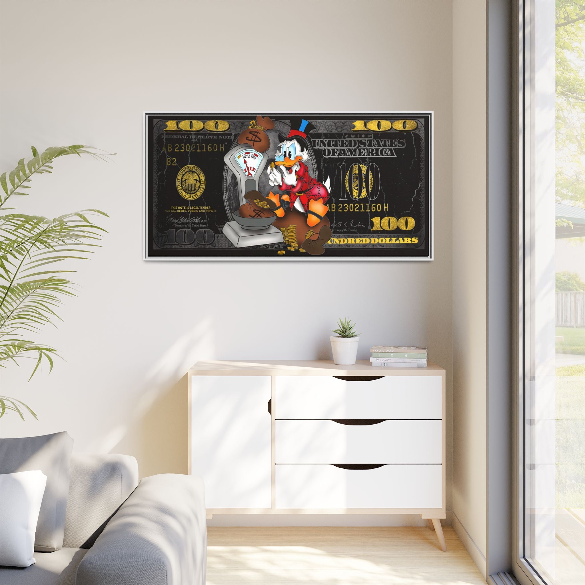 McDuck's Monetary Manifesto: Cartoon Currency Collage, Wealth Visualization Artwork - Canvas Wall Art
