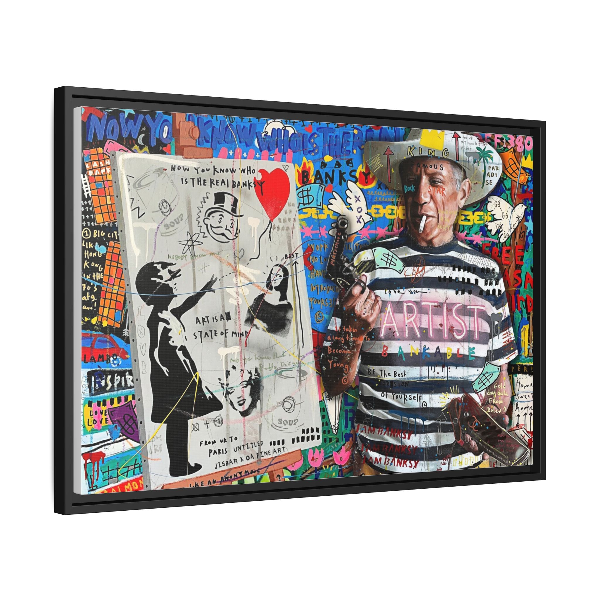 Bankable Rebellion: Street Art Collage, Banksy-Inspired Social Commentary, Urban Creative Expression - Canvas Wall Art
