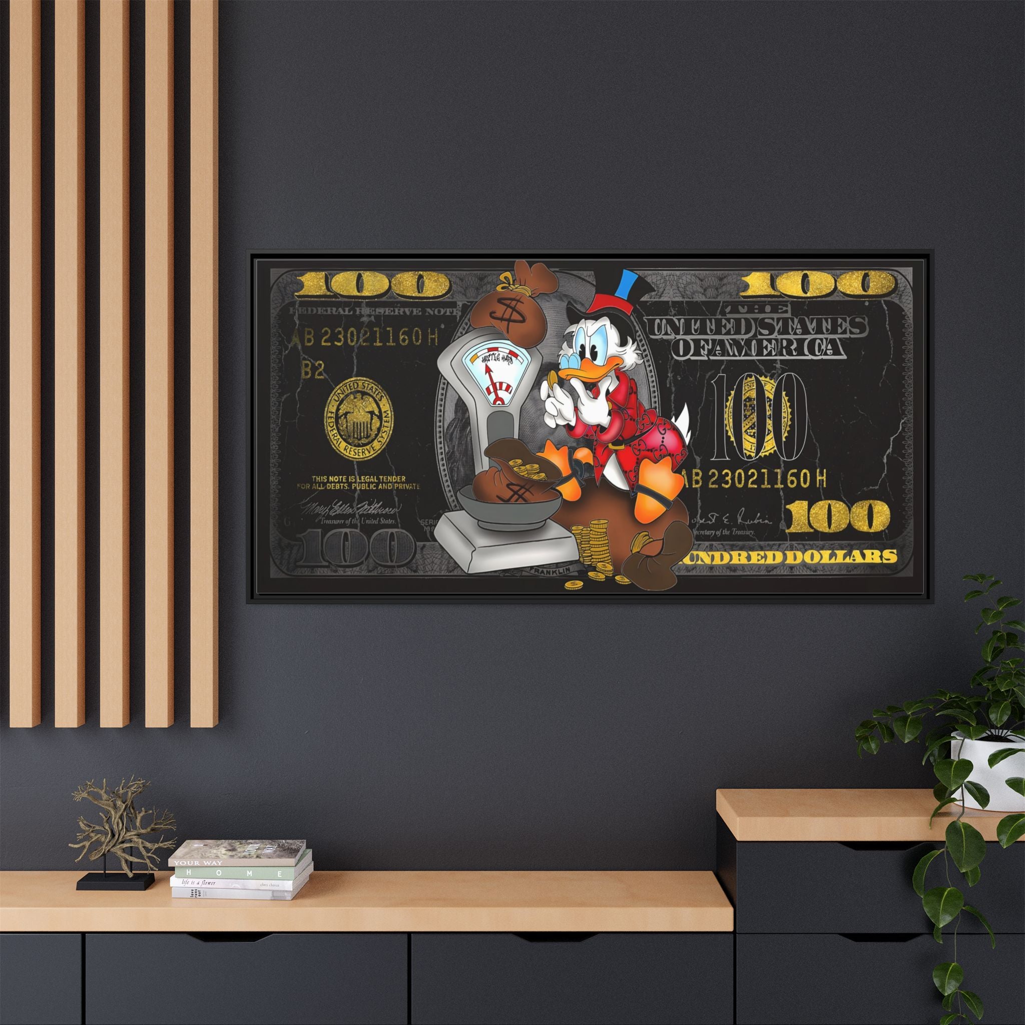 McDuck's Monetary Manifesto: Cartoon Currency Collage, Wealth Visualization Artwork - Canvas Wall Art