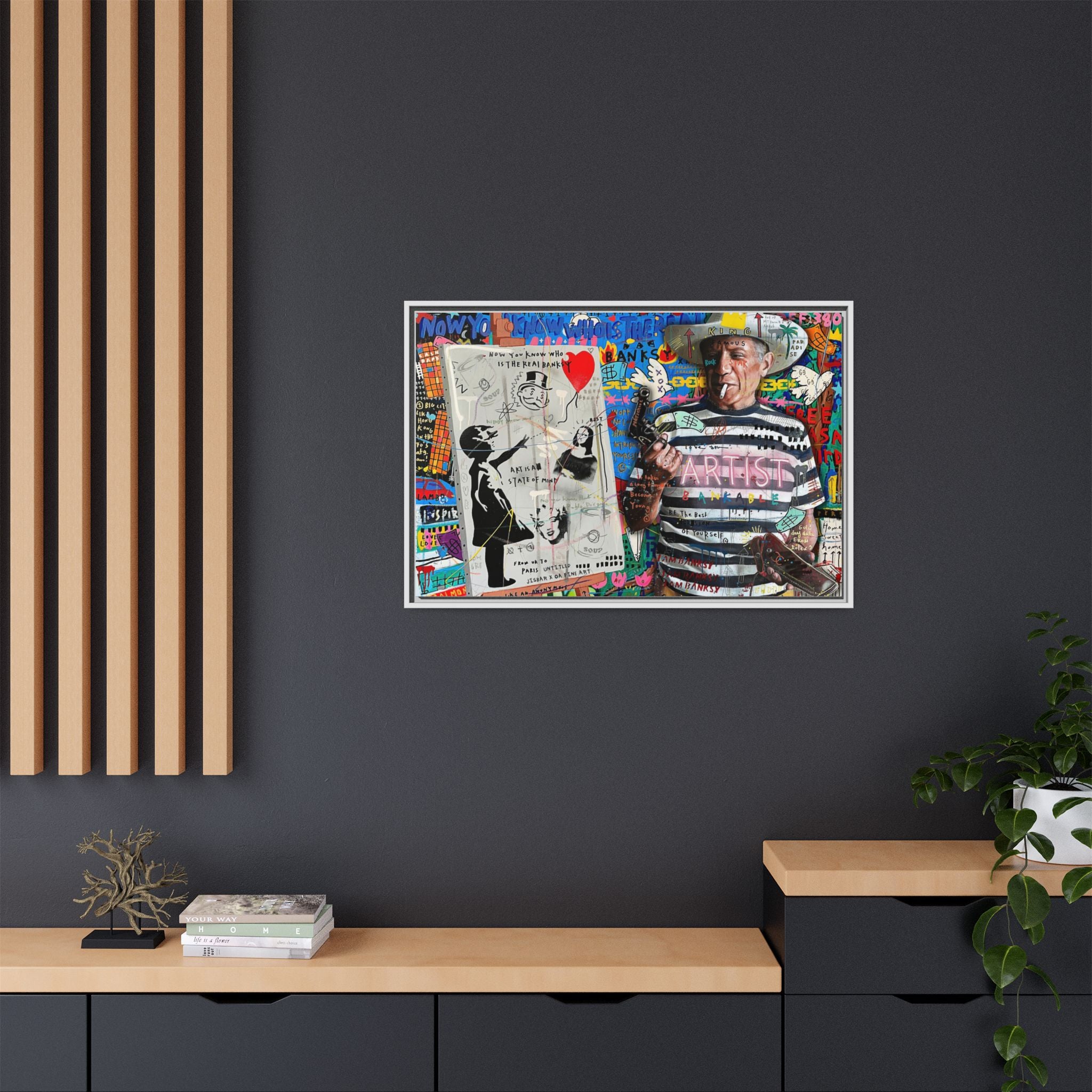 Bankable Rebellion: Street Art Collage, Banksy-Inspired Social Commentary, Urban Creative Expression - Canvas Wall Art