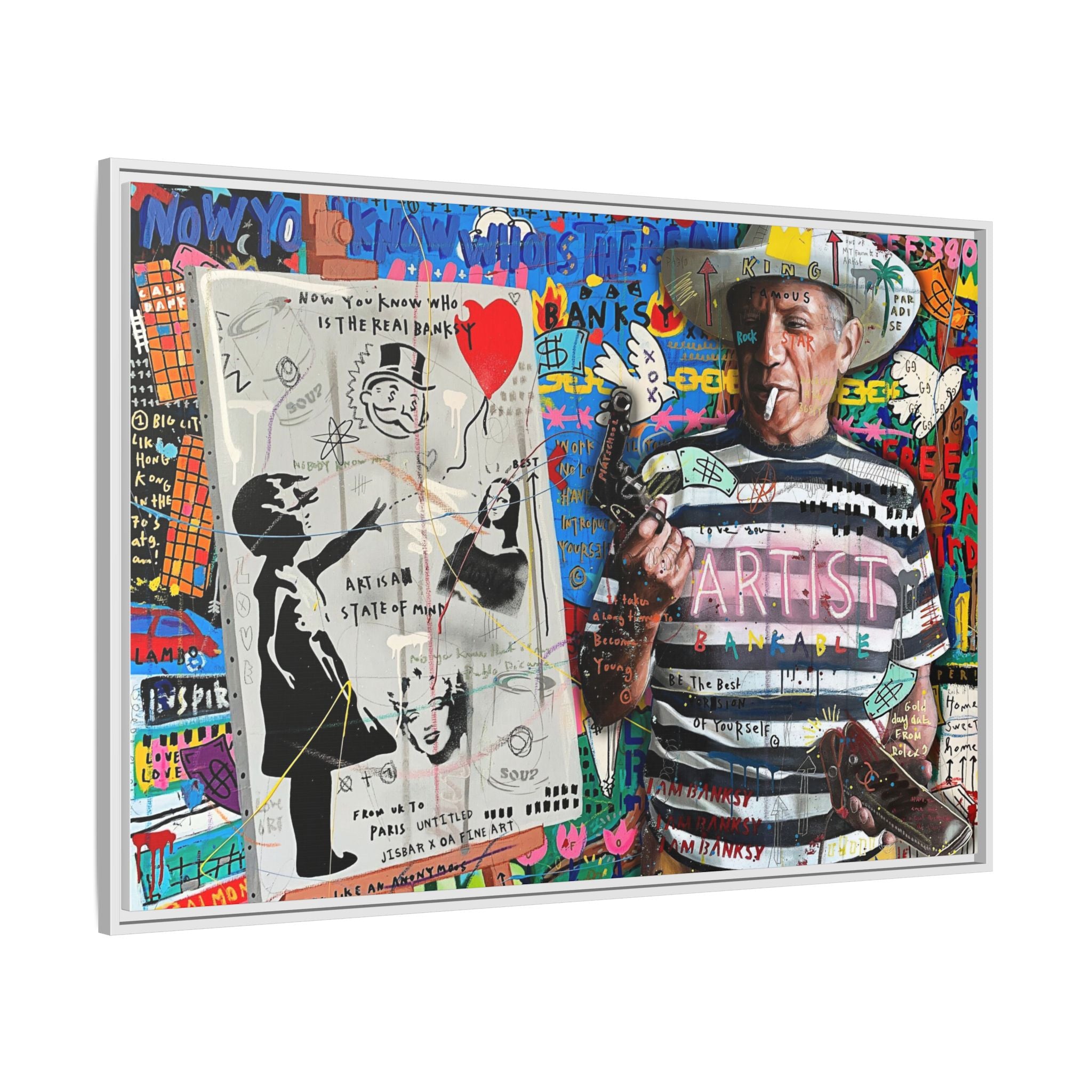 Bankable Rebellion: Street Art Collage, Banksy-Inspired Social Commentary, Urban Creative Expression - Canvas Wall Art