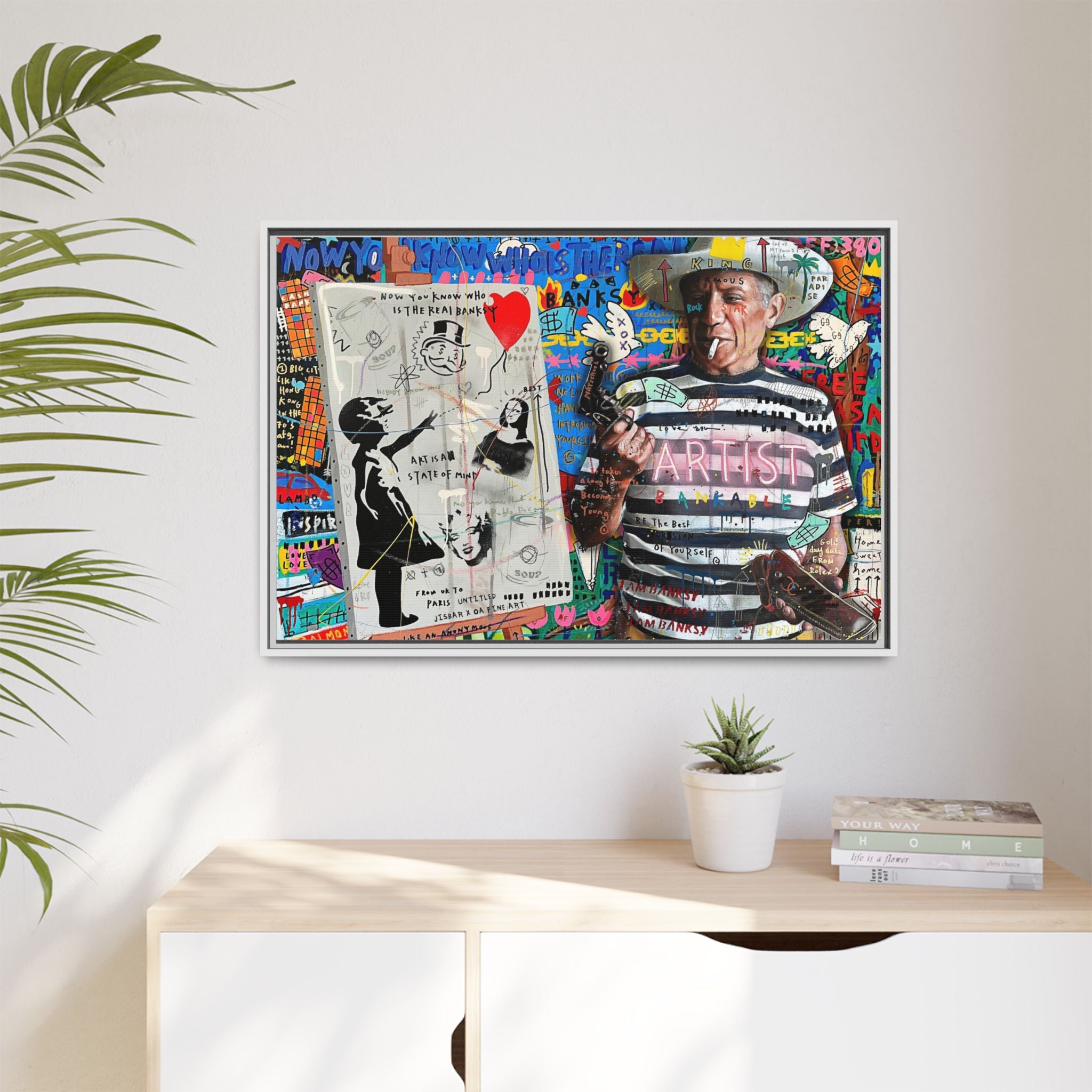 Bankable Rebellion: Street Art Collage, Banksy-Inspired Social Commentary, Urban Creative Expression - Canvas Wall Art