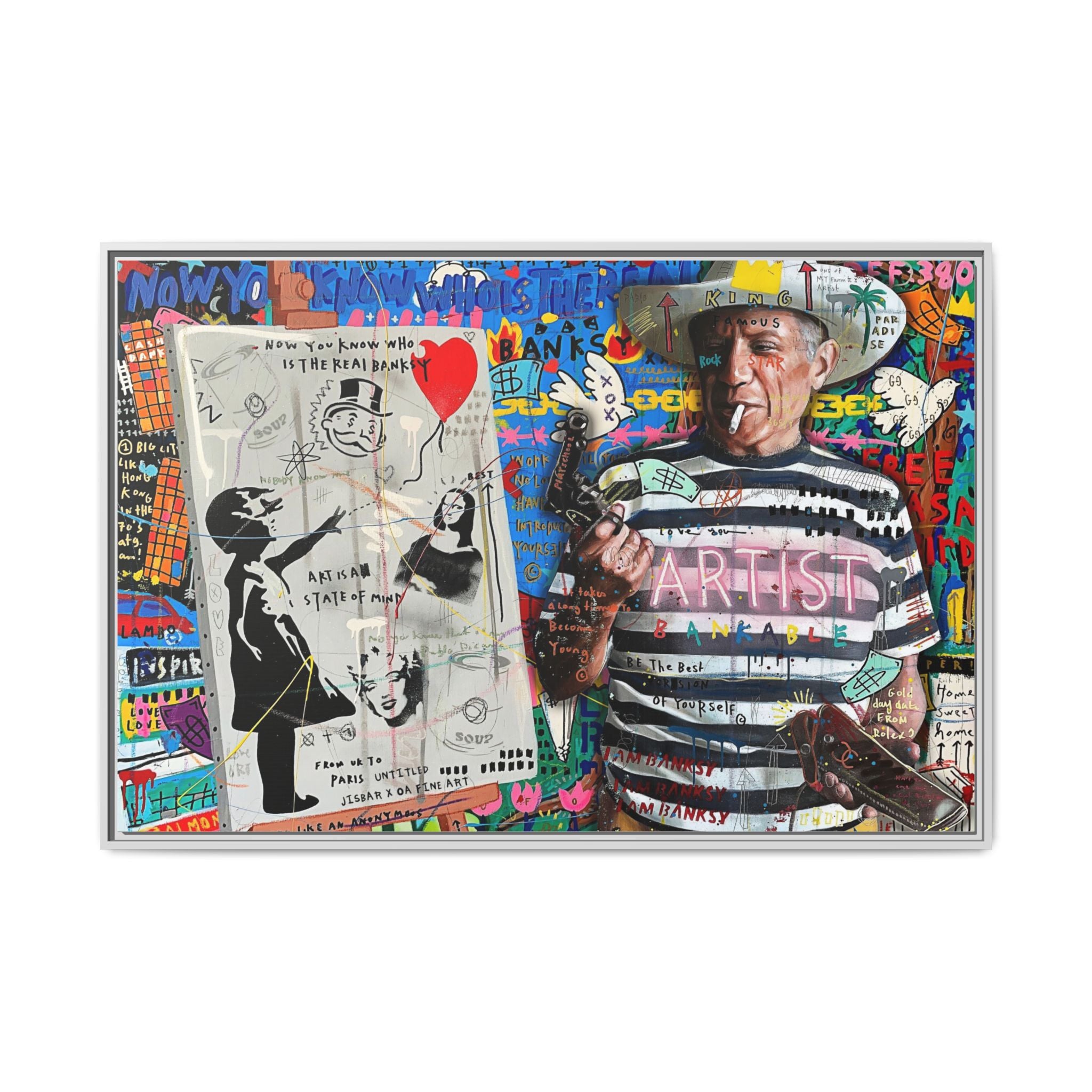 Bankable Rebellion: Street Art Collage, Banksy-Inspired Social Commentary, Urban Creative Expression - Canvas Wall Art