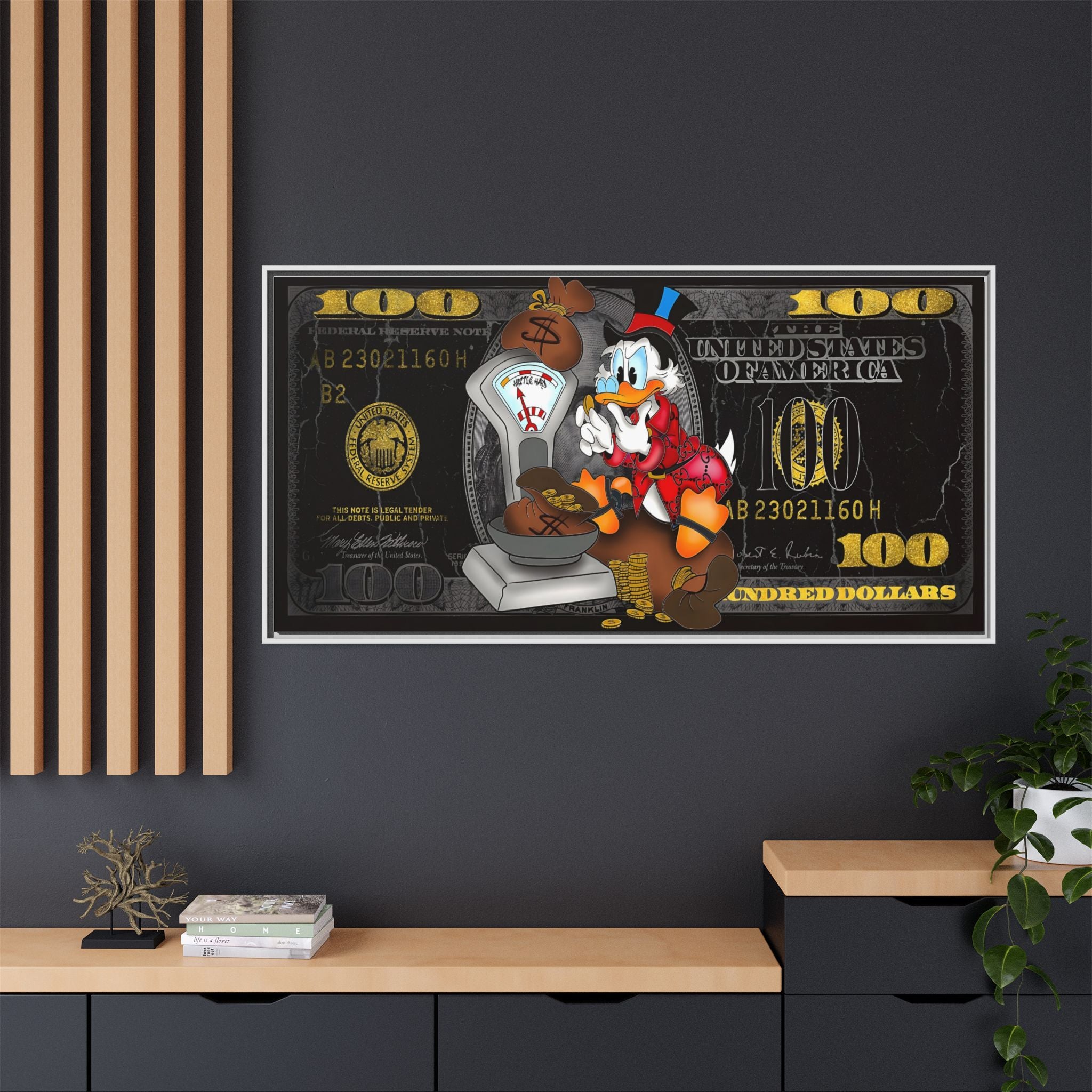 McDuck's Monetary Manifesto: Cartoon Currency Collage, Wealth Visualization Artwork - Canvas Wall Art