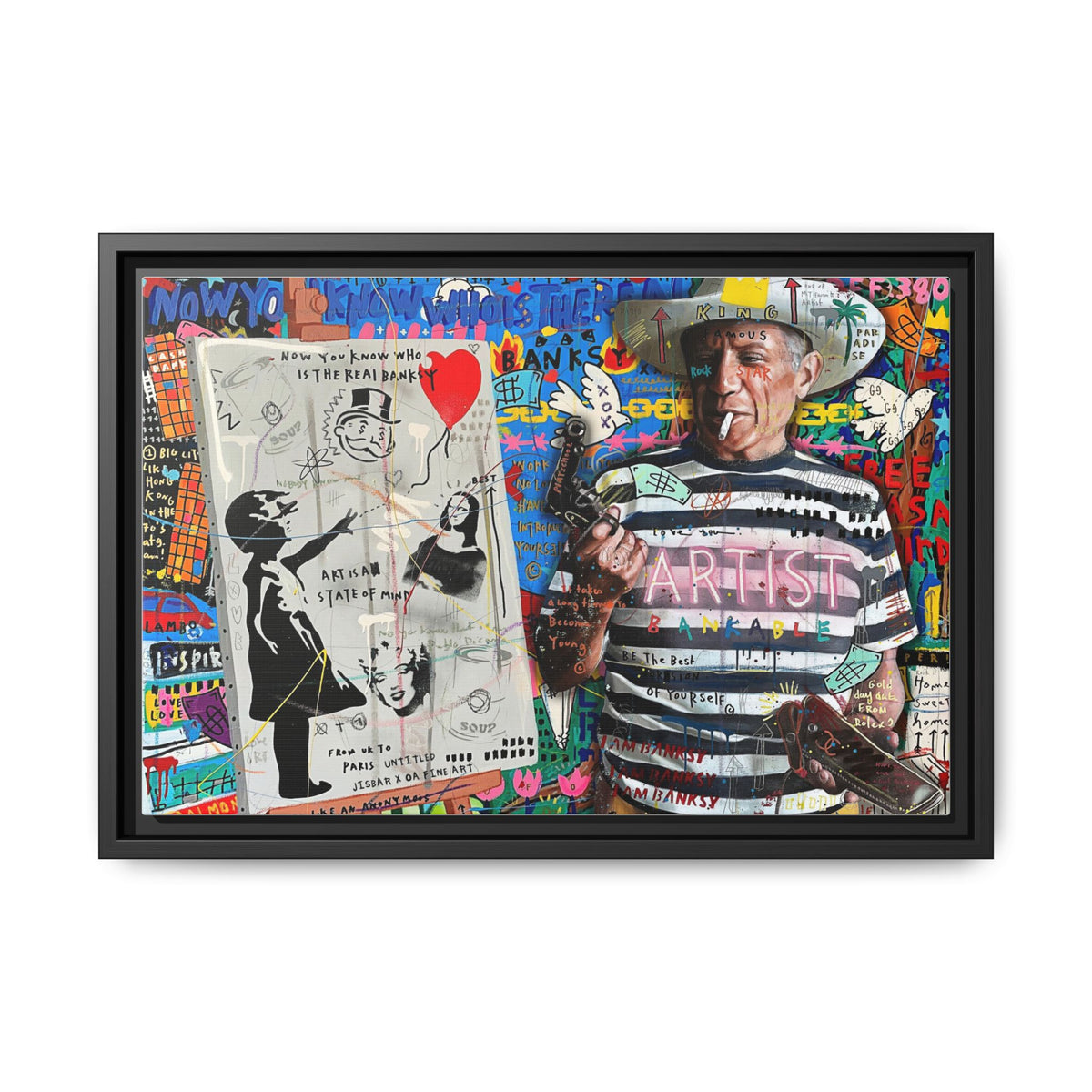 Bankable Rebellion: Street Art Collage, Banksy-Inspired Social Commentary, Urban Creative Expression - Canvas Wall Art