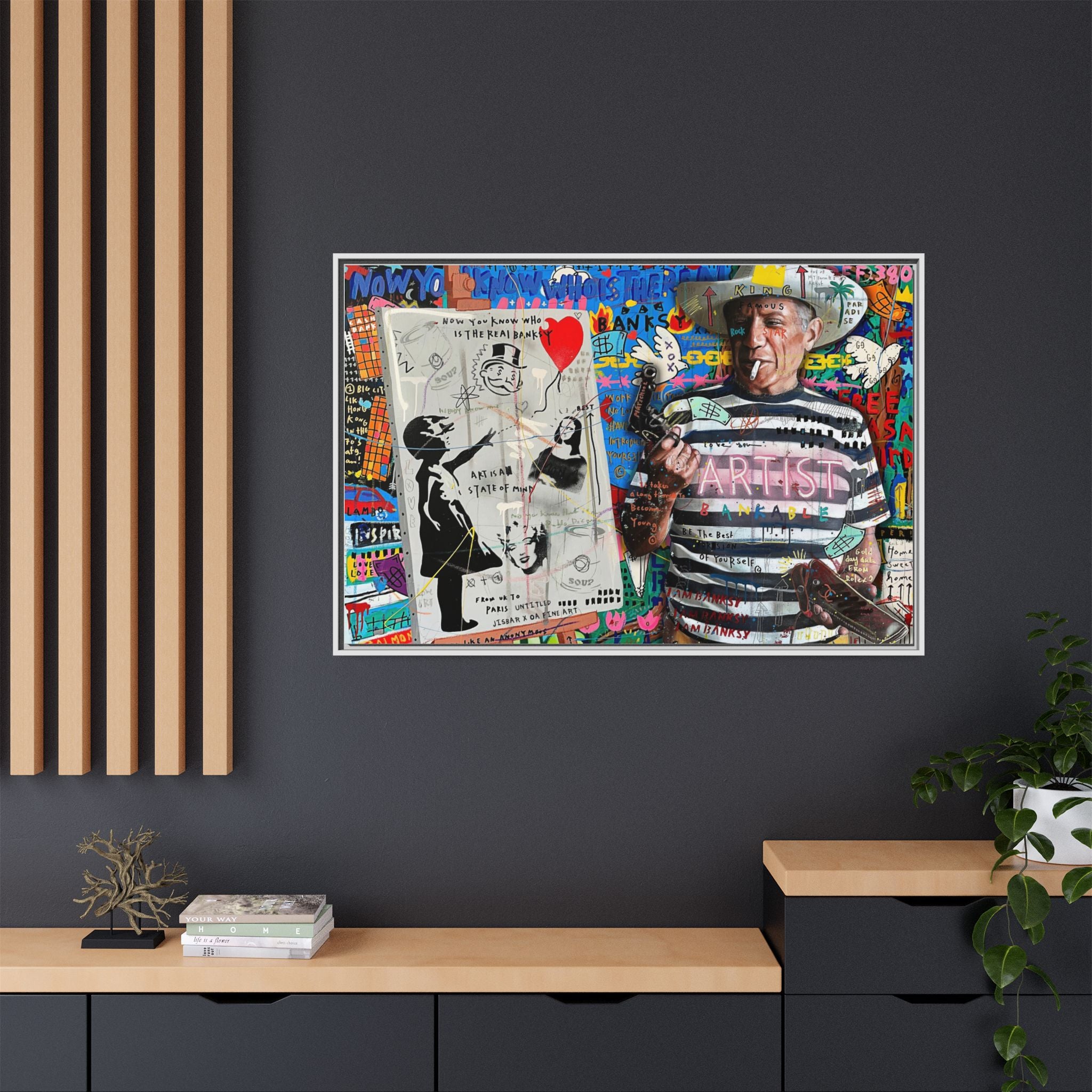 Bankable Rebellion: Street Art Collage, Banksy-Inspired Social Commentary, Urban Creative Expression - Canvas Wall Art