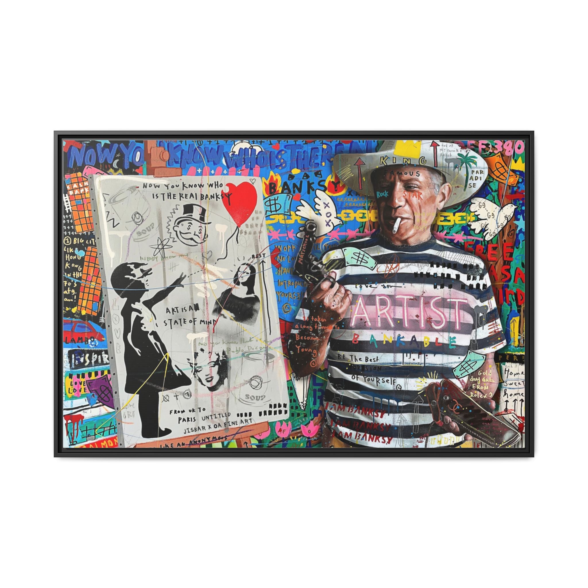 Bankable Rebellion: Street Art Collage, Banksy-Inspired Social Commentary, Urban Creative Expression - Canvas Wall Art
