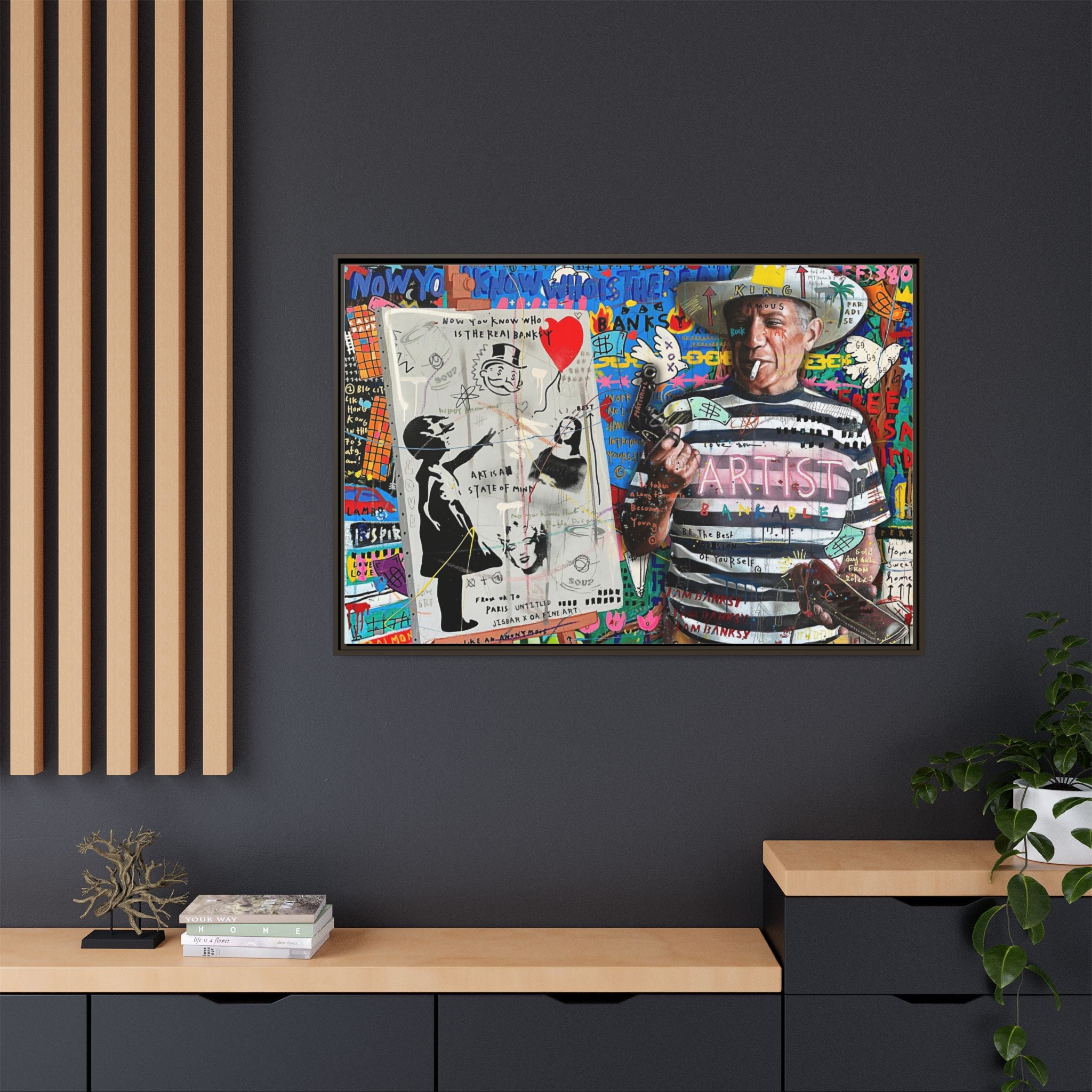 Bankable Rebellion: Street Art Collage, Banksy-Inspired Social Commentary, Urban Creative Expression - Canvas Wall Art
